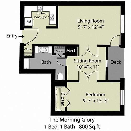 Floor plan for 1 bed, 1 bath, 800 sqft
